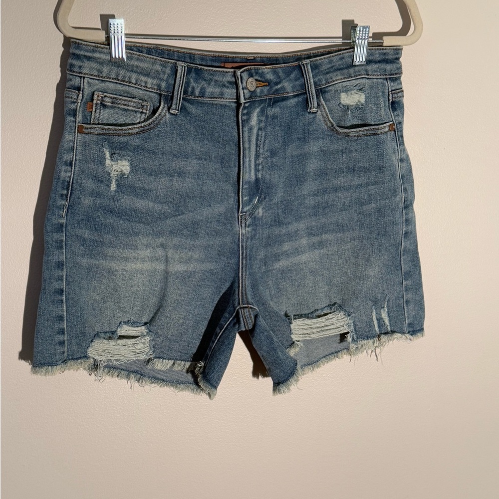 Judy Blue Distressed Mid-Blue Denim Shorts
